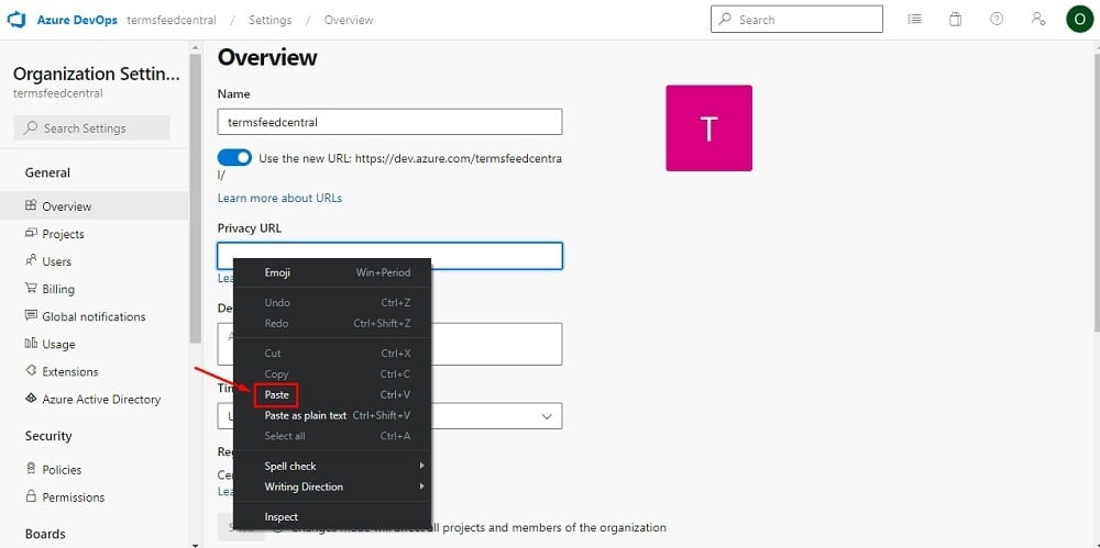 TermsFeed Microsoft Azure: Organization settings - Overview with Privacy URL field and paste option  highlighted