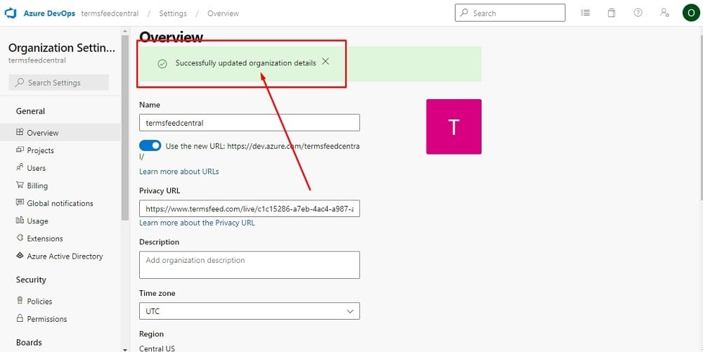 TermsFeed Microsoft Azure: Organization settings - Overview with the message  of successful update of organization details highlighted