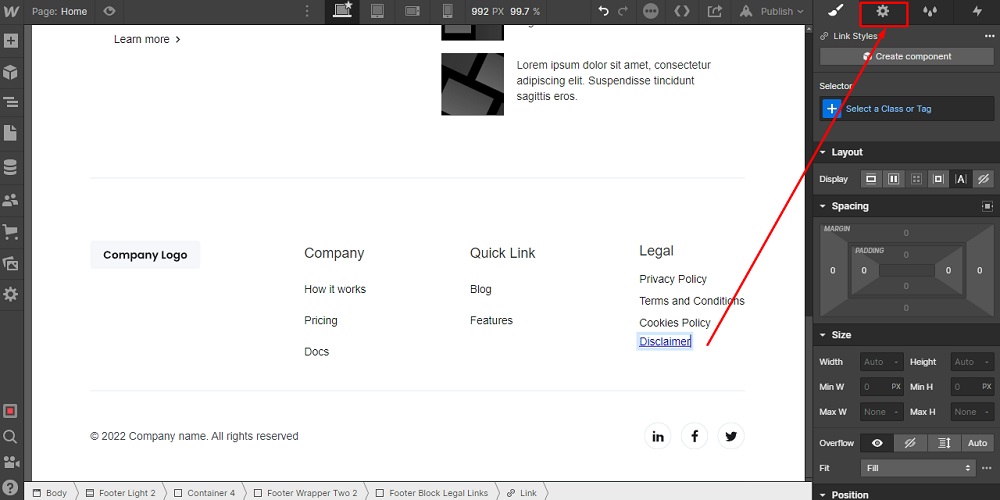 TermsFeed Webflow: Footer - Legal - Link Settings highlighted