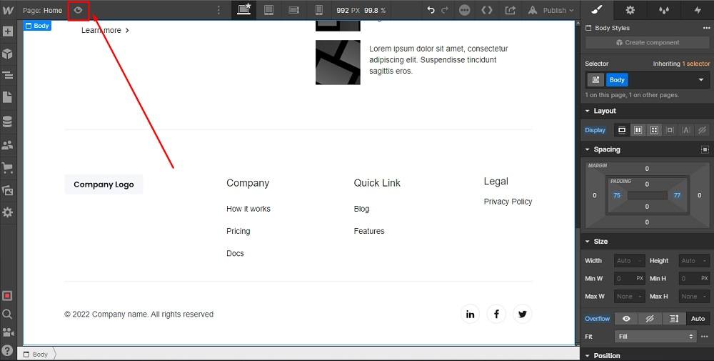 TermsFeed Webflow: Footer - Legal - Link Settings - Preview highlighted