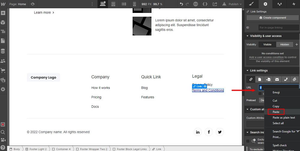 TermsFeed Webflow: Footer - Legal - Link Settings - Paste highlighted
