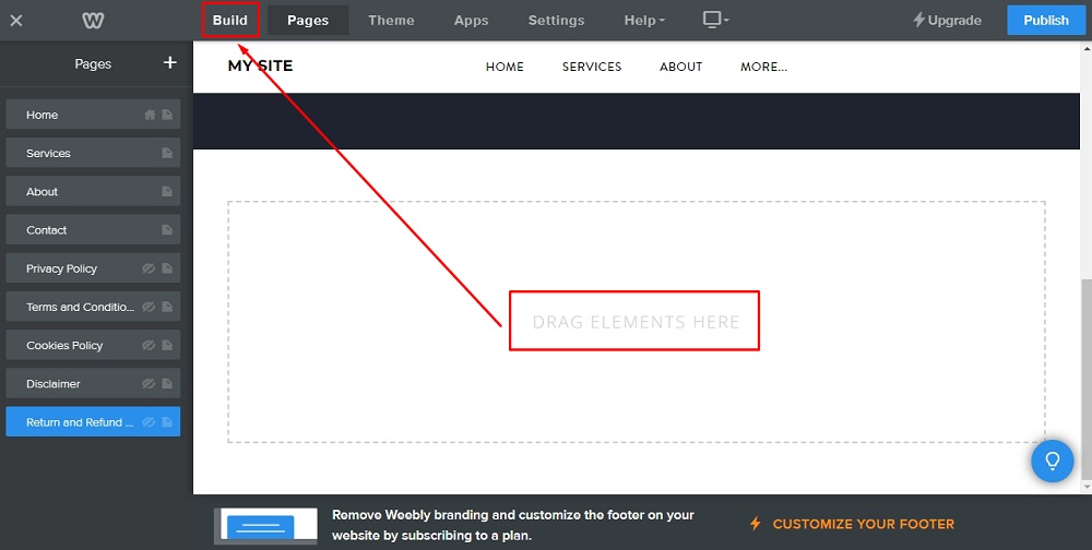Weebly Website Builder: Page editor - The Return and Refund Policy title added and to drag elements on the page go to Build option in the header menu  highlighted