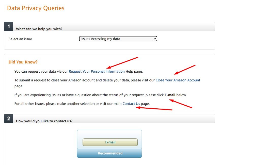 Screenshot of Amazon Data Privacy Queries page