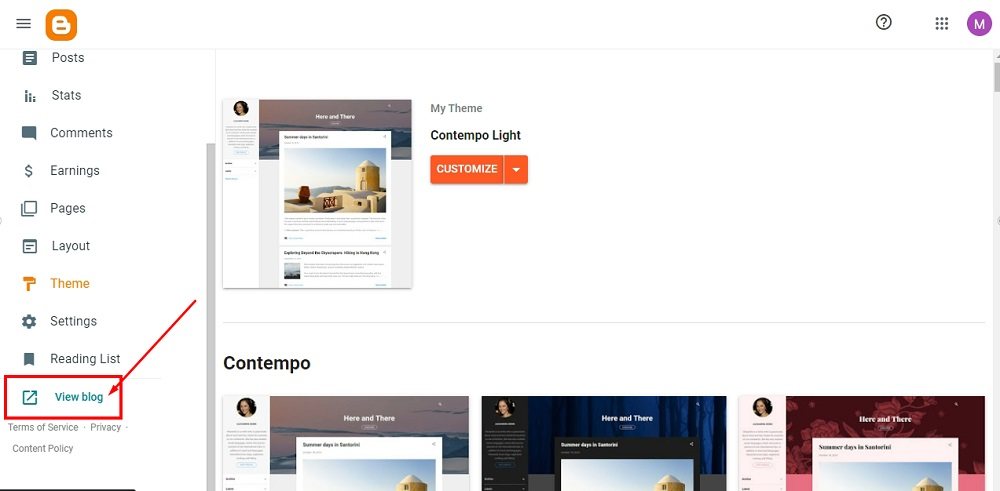 TermsFeed Blogger: Dashboard - Theme - View blog highlighted