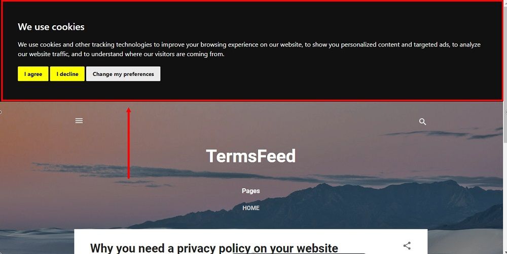TermsFeed Blogger: Website View - The Free Cookie Consent Banner displayed highlighted