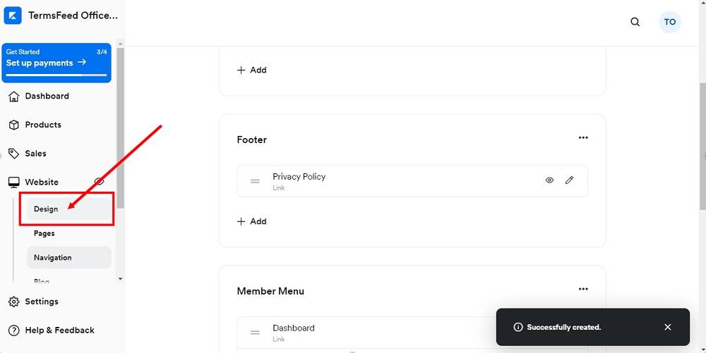 TermsFeed Kajabi: Navigation - Footer - Design highlighted