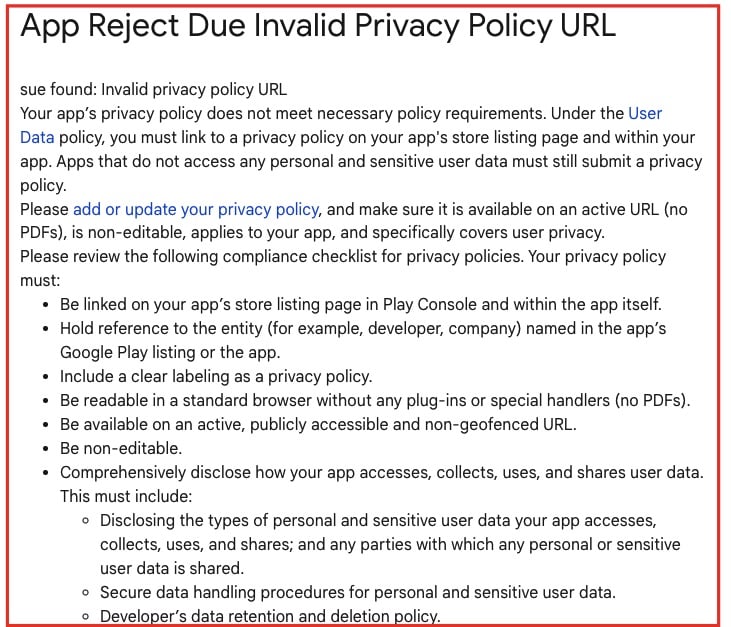 Invalid Privacy Policy URL Rejection for Google Play Store - TermsFeed