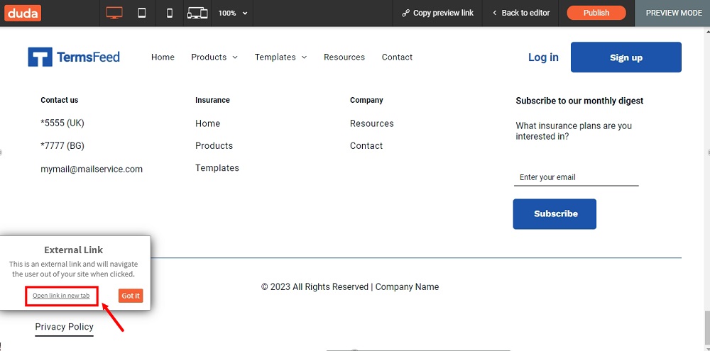 TermsFeed Duda: The Preview of the Privacy Policy page was added at the footer as an External link highlighted