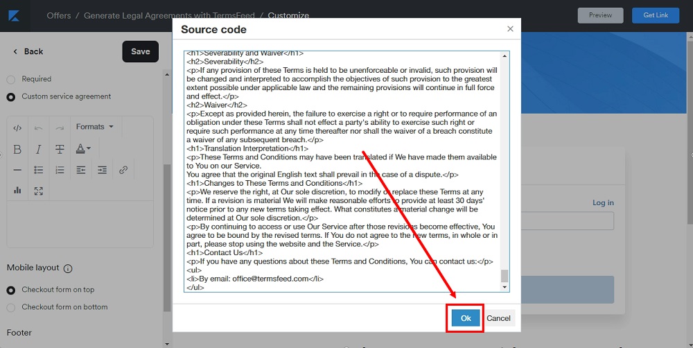 TermsFeed Kajabi: Service agreement - Custom - Source code added - OK selected