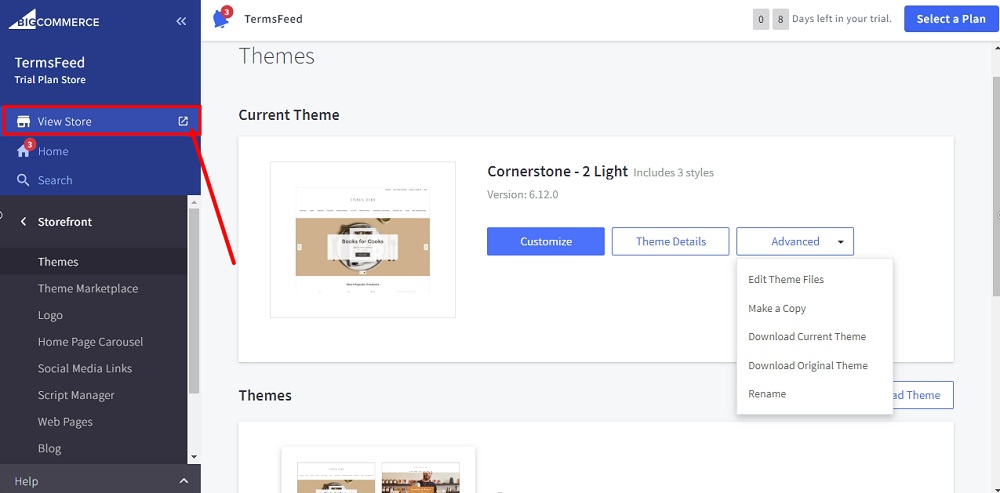 TermsFeed BigCommerce: Dashboard - View Store selected