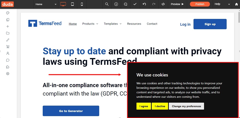TermsFeed Duda Website - Cookie Consent banner displayed highlighted