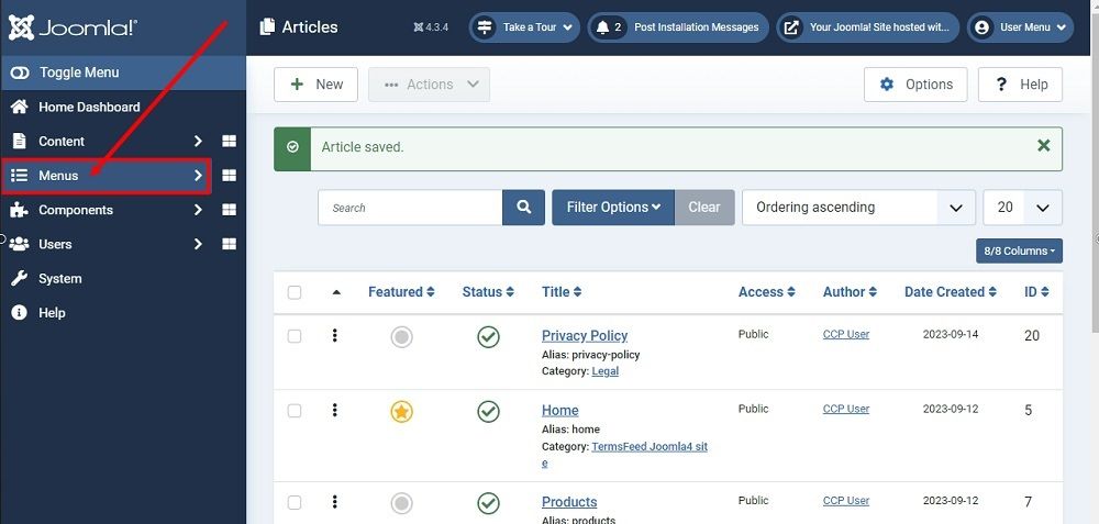 TermsFeed Joomla 4: Dashboard - Menu highlighted