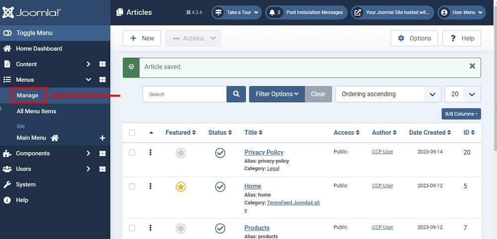 TermsFeed Joomla 4: Dashboard - Menu - Manage highlighted