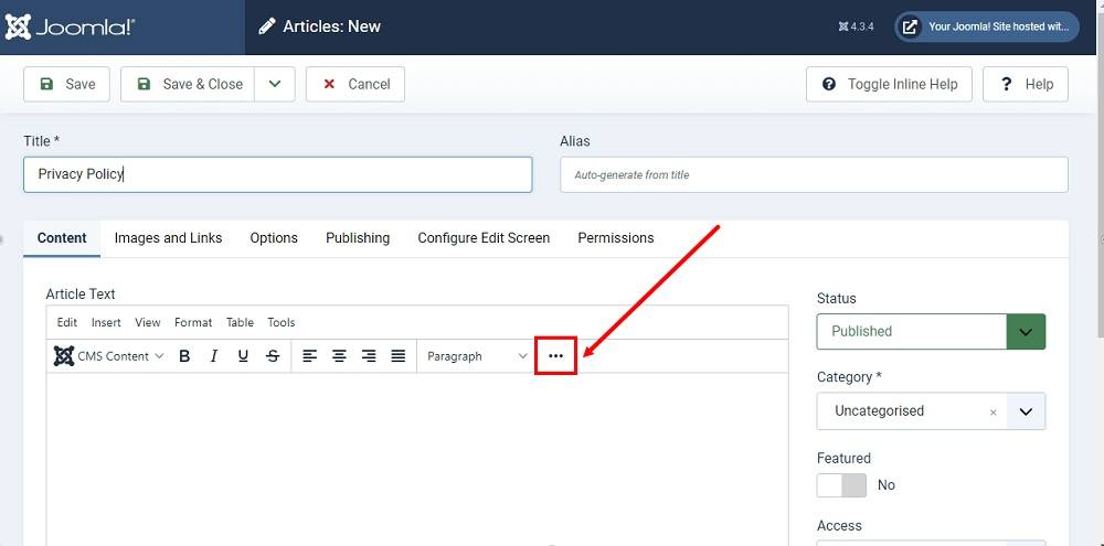 TermsFeed Joomla 4: Articles - New - Privacy Policy - Expand editor highlighted