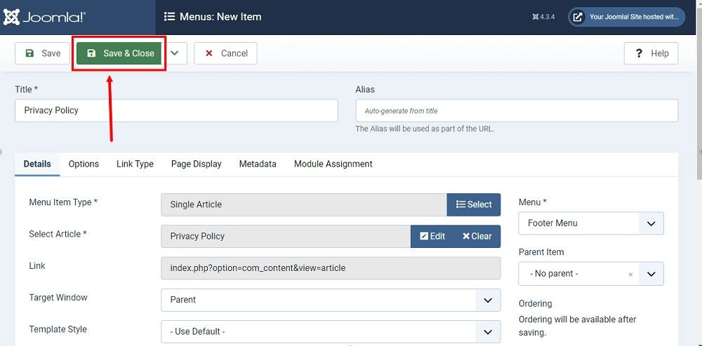 TermsFeed Joomla 4: Footer Menu - Items - New - Privacy Policy article type added - Save and Close highlighted