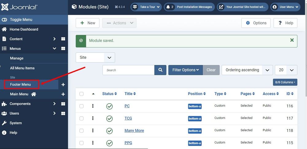 TermsFeed Joomla 4: Dashboard - Menu - Footer Menu highlighted