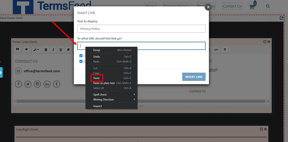TermsFeed Able Commerce: Storefront - Preview  - Footer - the ON - Edit section - Links edit - Type Privacy Policy link - Paste highlighted