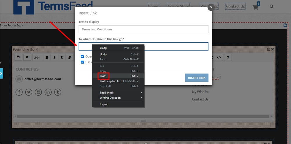 TermsFeed Able Commerce: Storefront - Preview  - Footer - the ON - Edit section - Links edit - Type Terms and Conditions link - Paste highlighted