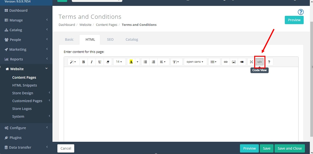 TermsFeed Able Commerce: Terms and Conditions - HTML tab - Code View  highlighted