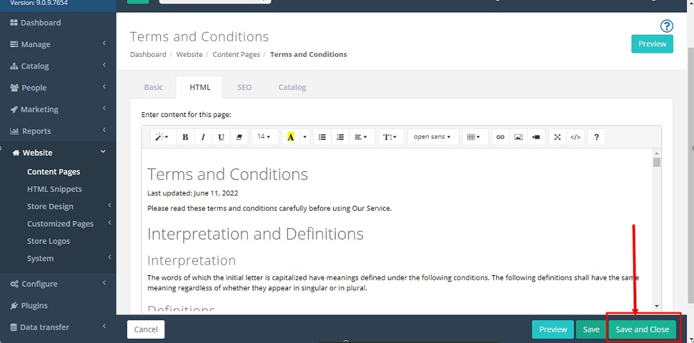 TermsFeed Able Commerce: Terms and Conditions - HTML tab - Save  highlighted