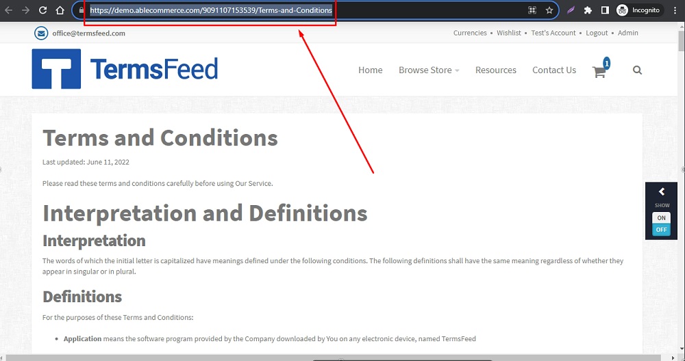 TermsFeed Able Commerce: Terms and Conditions - Preview  - Copy URL from browser highlighted