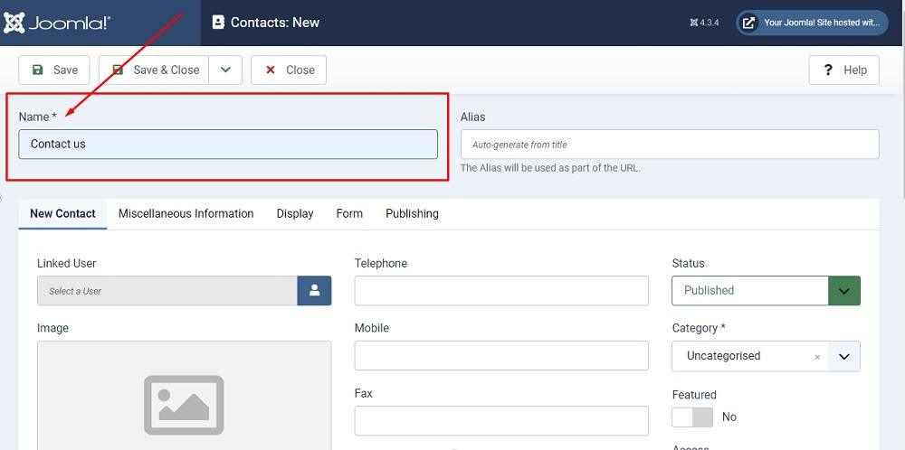 TermsFeed Joomla 4: Contacts Editor - add the name - Contact us highlighted