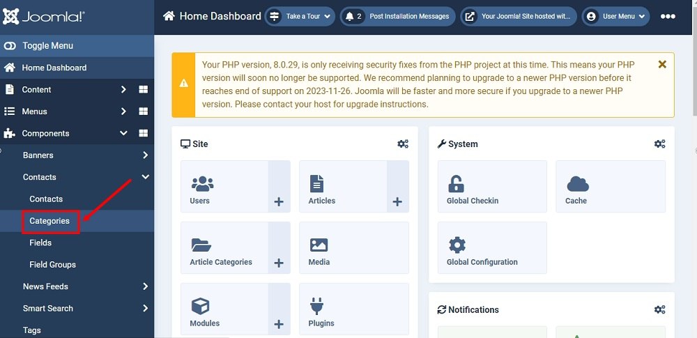 TermsFeed Joomla 4: Dashboard with the Components - Contacts - Categories highlighted