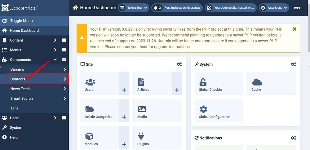 TermsFeed Joomla 4: Dashboard with the Components - Contacts highlighted