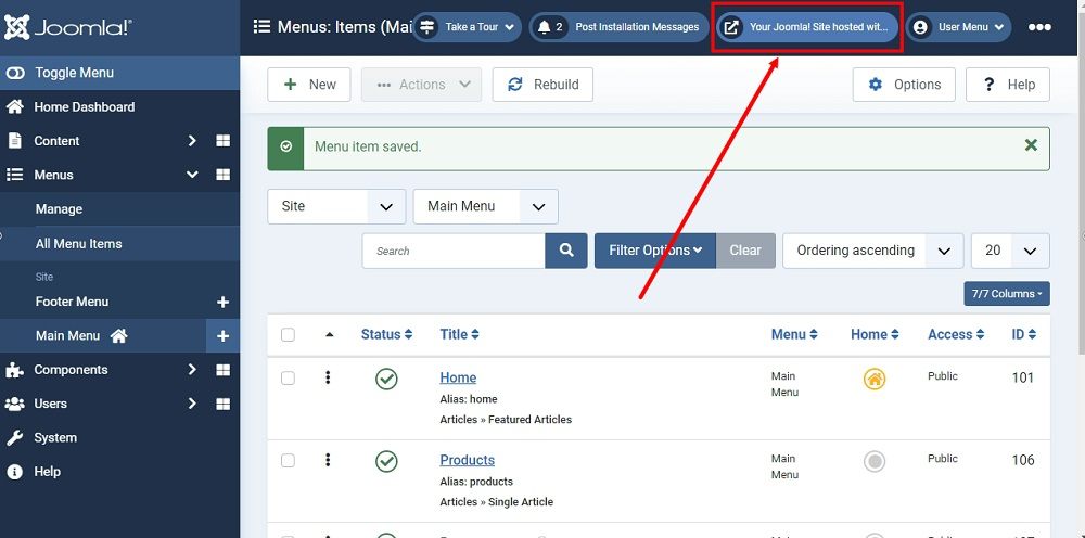 TermsFeed Joomla 4: Main Menu - item saved - preview highlighted