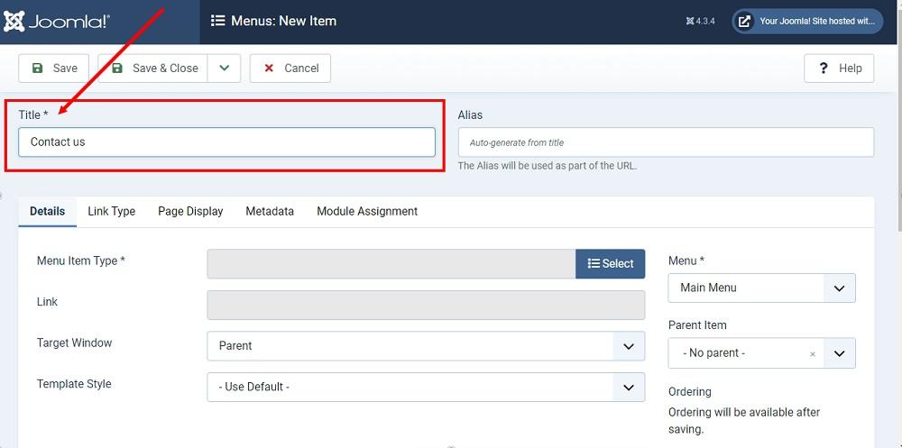 TermsFeed Joomla 4: Main Menu - New item Title - Contact us highlighted