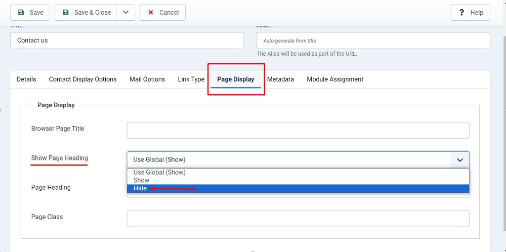 TermsFeed Joomla 4: Main Menu - New item type - Page Display Tab - Show Page Heading set to Hide highlighted