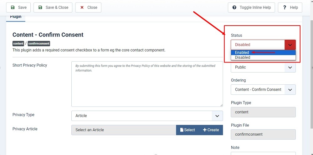 TermsFeed Joomla 4: Plugins Editor - Content - Confirm Consent - Status update highlighted