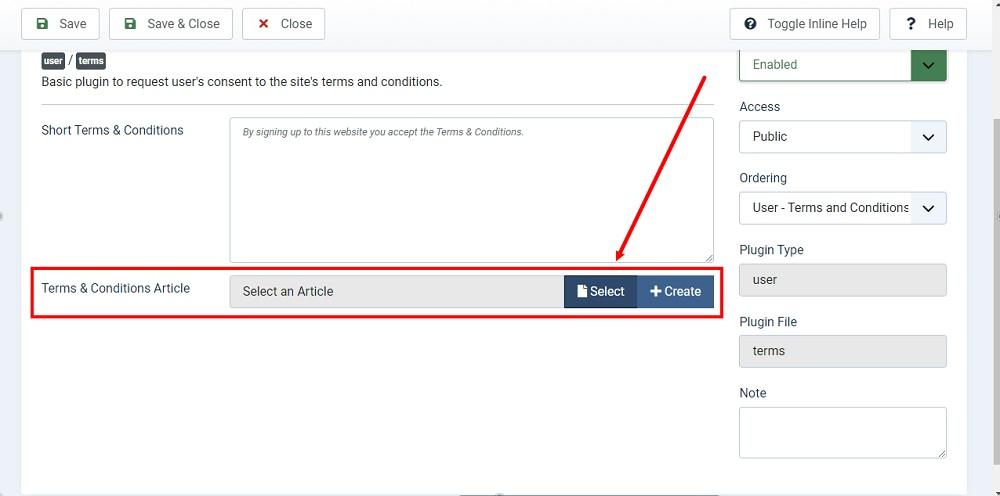 TermsFeed Joomla 4: Plugins - User - Terms and Conditions - Status updated - Terms and Conditions Article - Select option highlighted