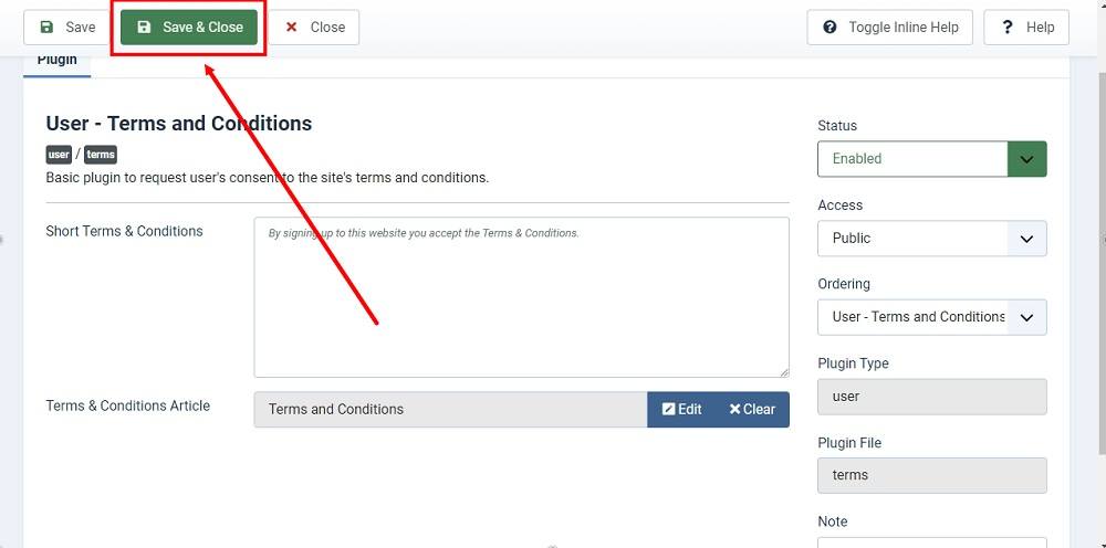 TermsFeed Joomla 4: Plugins - User - Terms and Conditions - Terms and Conditions Article - Terms and Conditions Article added - Save and Close highlighted