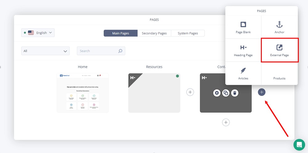 TermsFeed Subbly: Website Builder Editor - The Dashboard - Pages - Add New Page - External option highlighted
