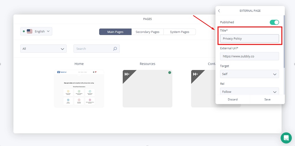 TermsFeed Subbly: The Dashboard - Pages - Add New Page - External option highlighted