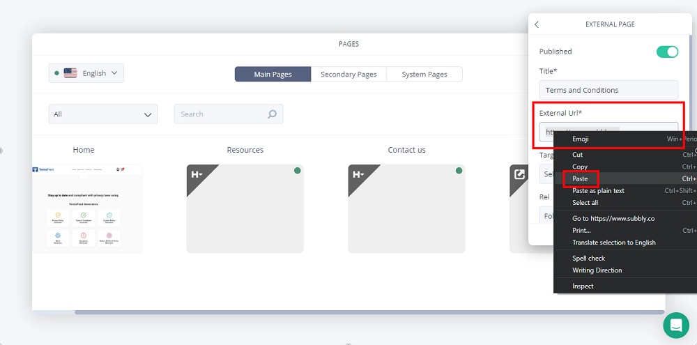 TermsFeed Subbly: The Dashboard - Pages - Add New Page - External URL option highlighted