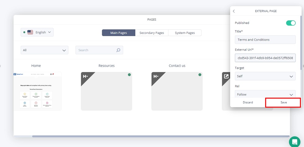 TermsFeed Subbly: The Dashboard - Pages - Added New External Terms and Conditions Page - Save option highlighted