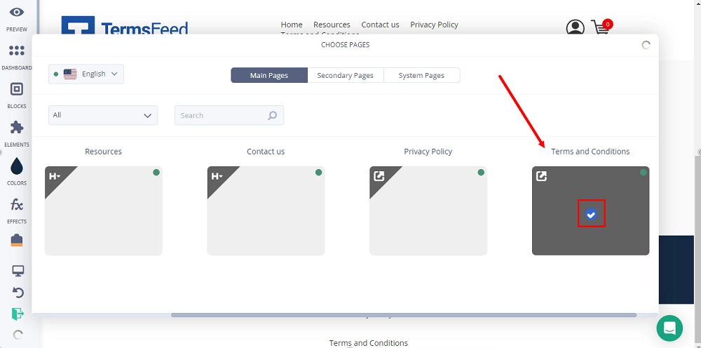 TermsFeed Subbly: The Elements - Pages option - Terms and Conditions selected highlighted