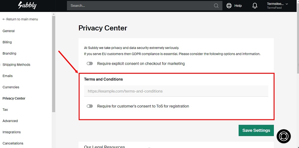 TermsFeed Subbly: Settings Privacy Centar option - Terms and Conditions section highlighted