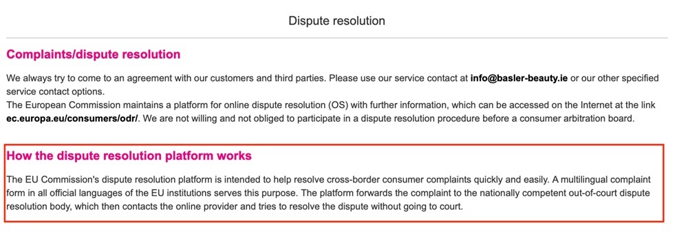 Bassler Beauty Dispute resolution page excerpt
