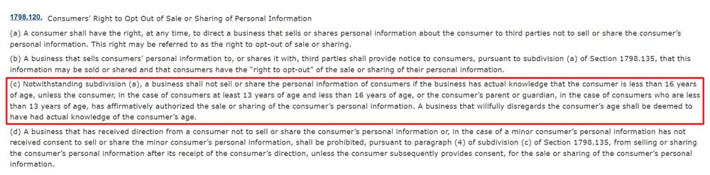 CCPA Section 1798 120 with Section c highlighted