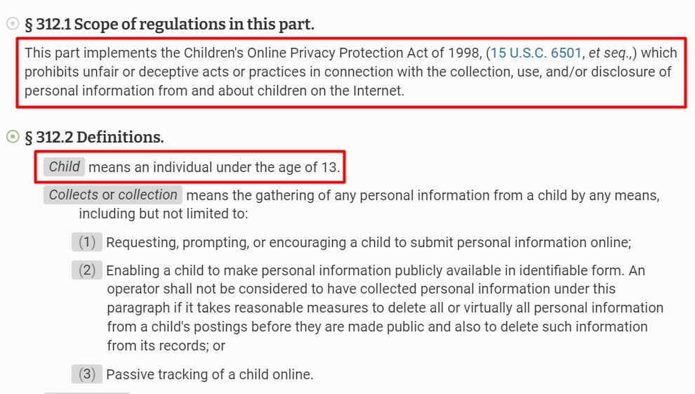 COPPA scope and definition of a child sections