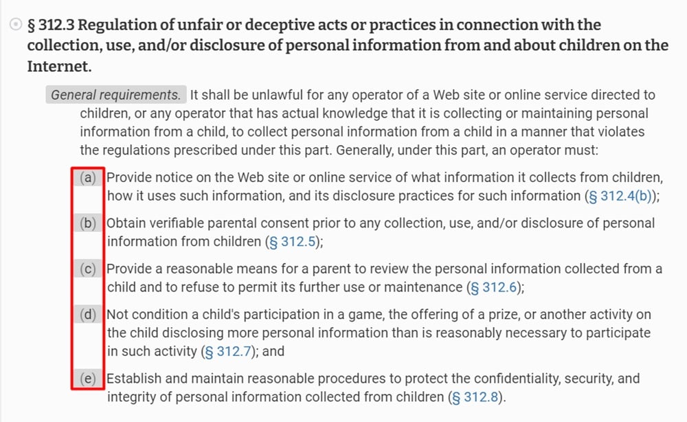 COPPA Section 312 3 with a through e highlighted