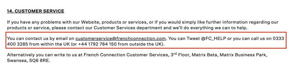 French Connection Terms of Service: Contact information