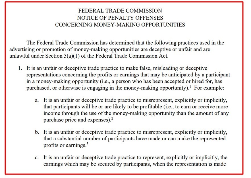 FTC's Notice of Penalty Offenses Concerning Money-Making Opportunities: Section 1