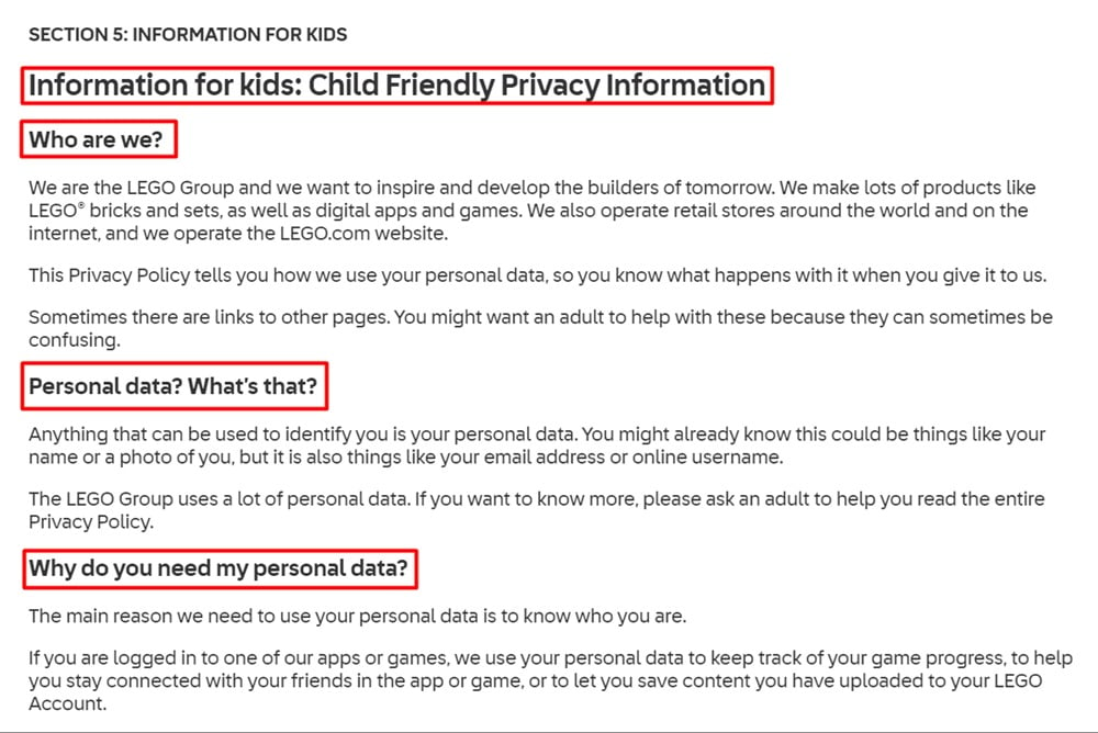 LEGO Privacy Policy: Information for kids - Child friendly privacy information clause