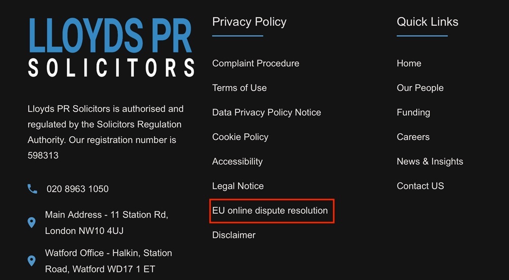 Lloyds PR Solicitors website footer with EU Online Dispute Resolution link highlighted