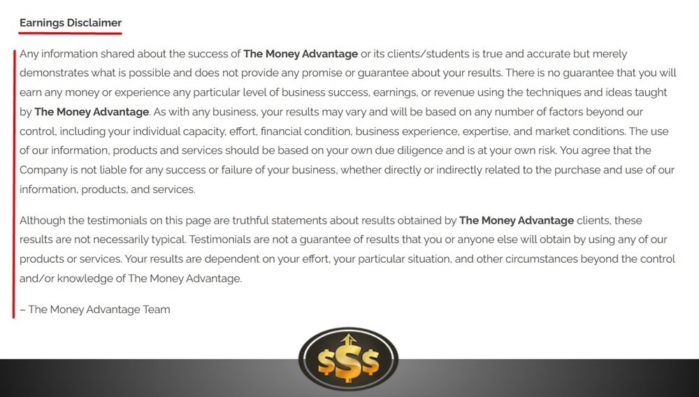 Money Advantage Earnings Disclaimer