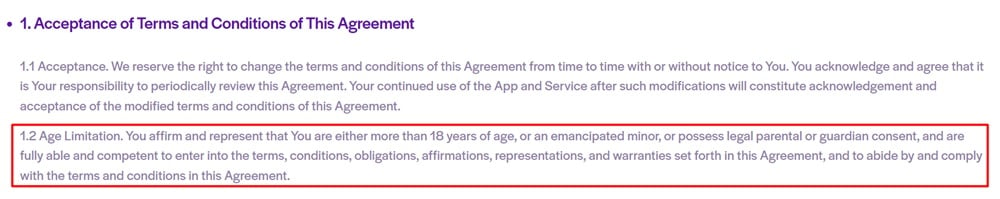 Play2Pay Terms and Conditions: Age Limitation clause